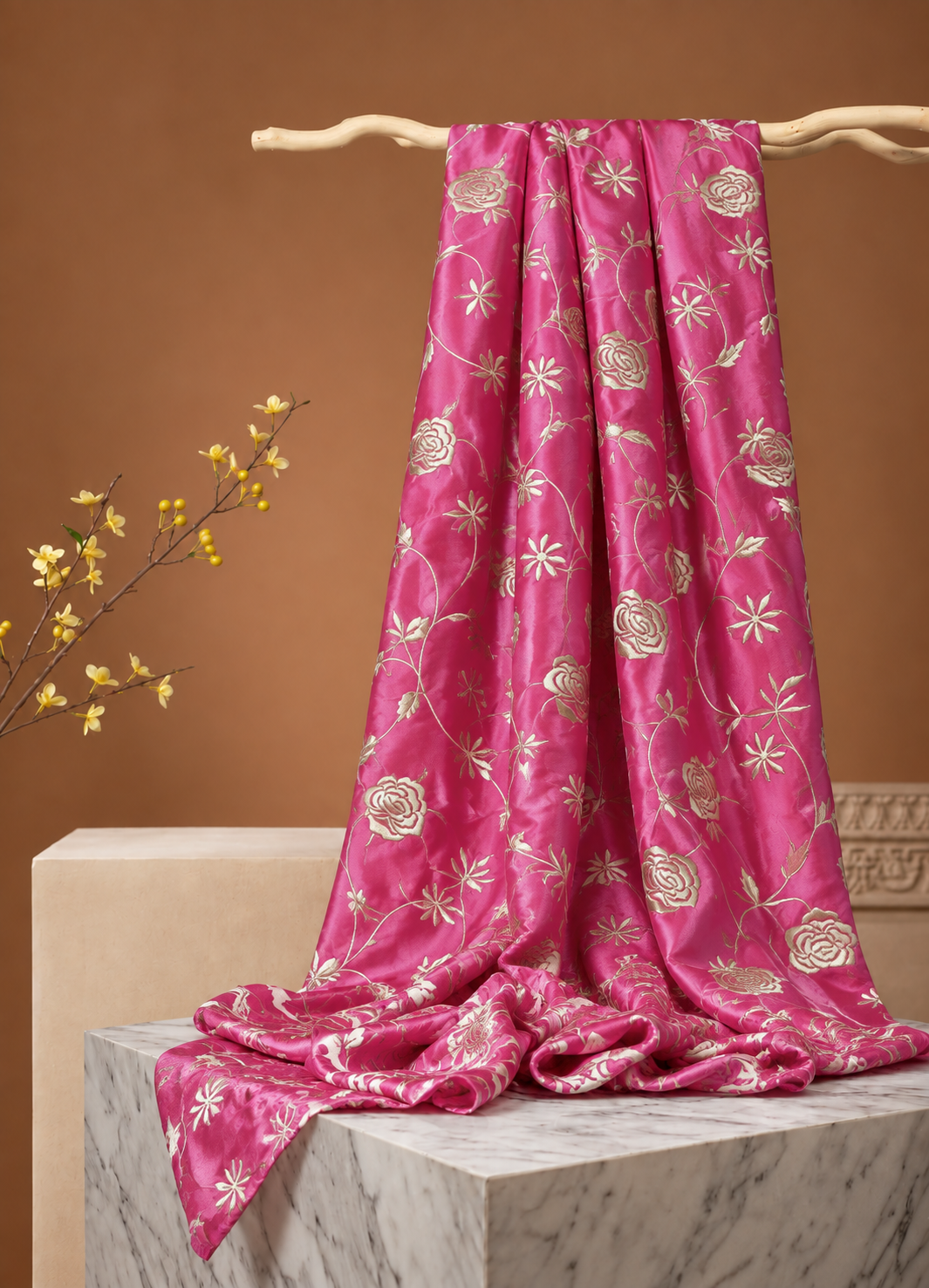 Magenta Pink Muslin Fabric With Parsi Embroidery
