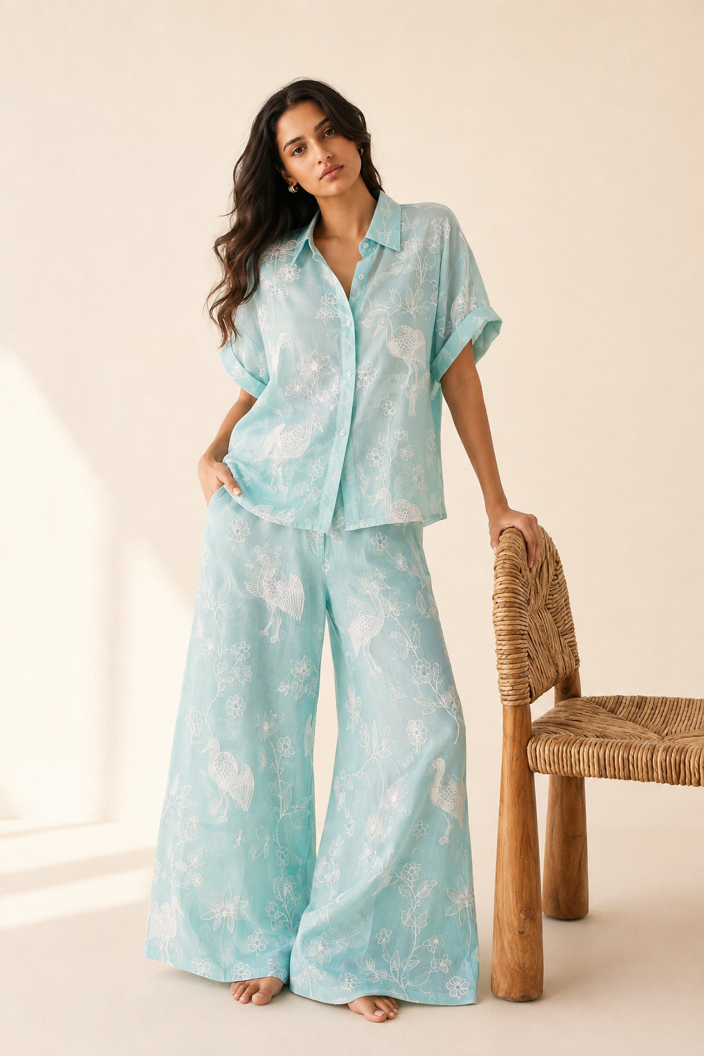Aqua Teal Mul with Bird & Botanical Appliqué Work