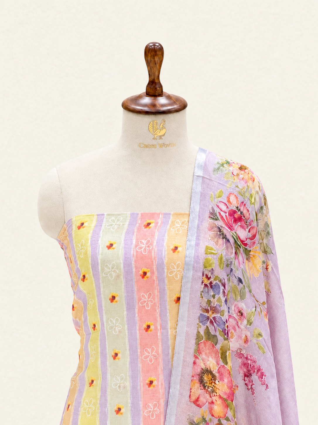 Pastel Stripe Pure Linen Suit Set with Floral Print Dupatta