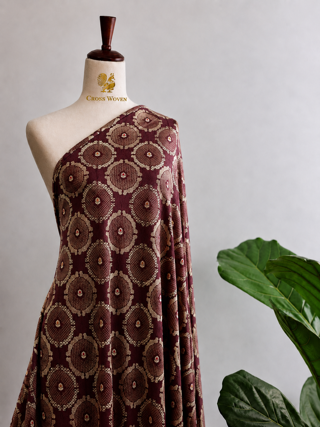 Wine Maroon Soft Silk Fabric with Meenakari Geometric Weave