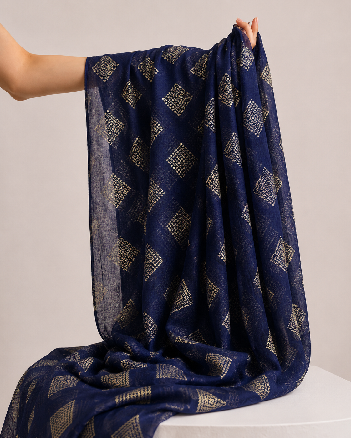 Deep Navy Mul Embroidered Fabric