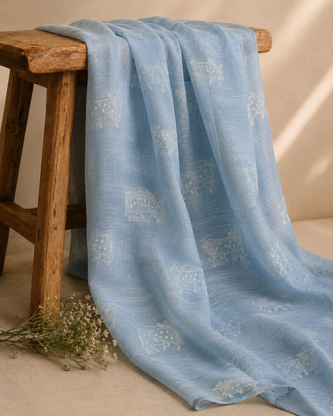 Baby Blue Silk Linen Fabric With Nandi Embroidery