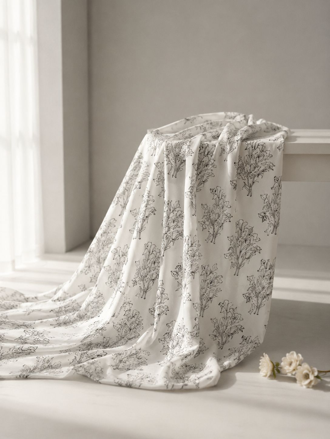 White Chanderi Silk Fabric With Hand Block Print