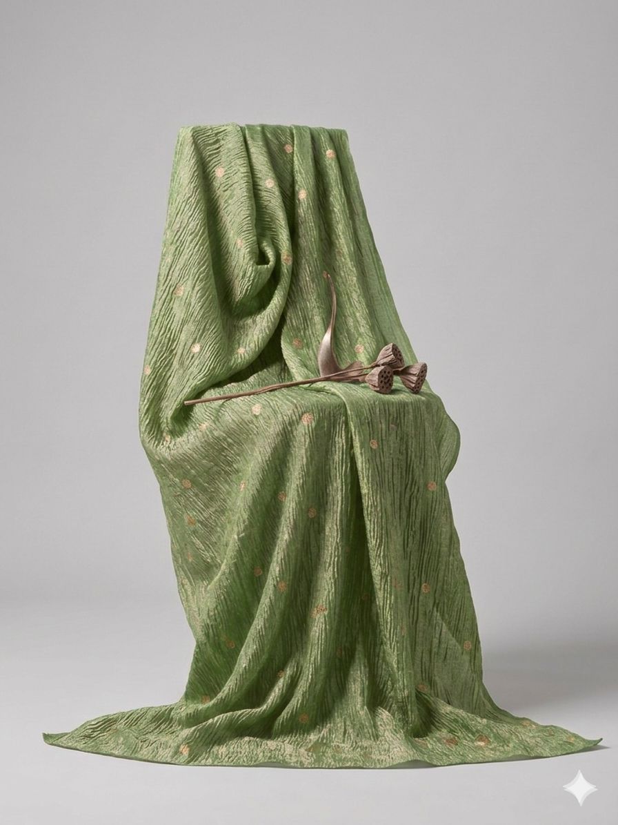 Pastel Green Crushed Tissue Fabric with Gold Zari Floral Motifs