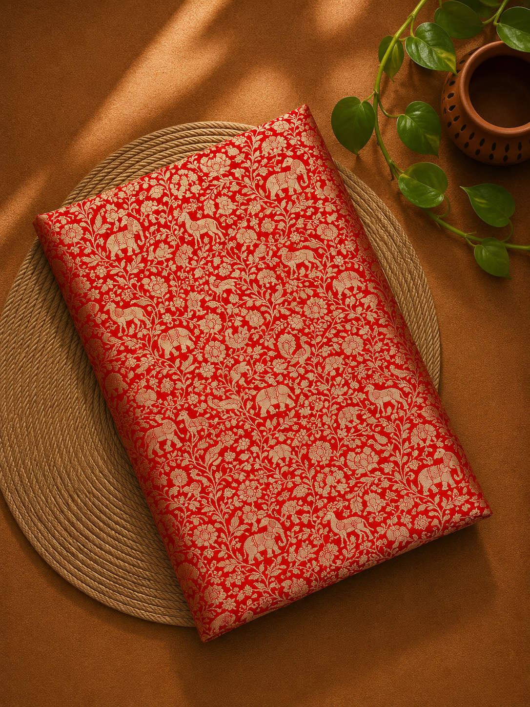 Red Shikargah Katan Silk Handloom Fabric
