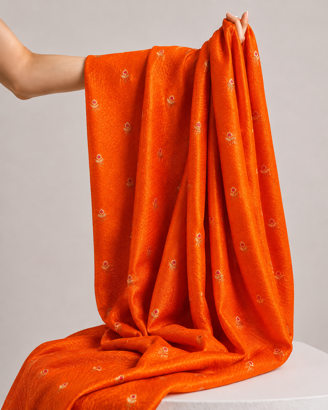 Deep Orange Soft Silk Fabric with Textured Weave & Meenakari Floral Bootis