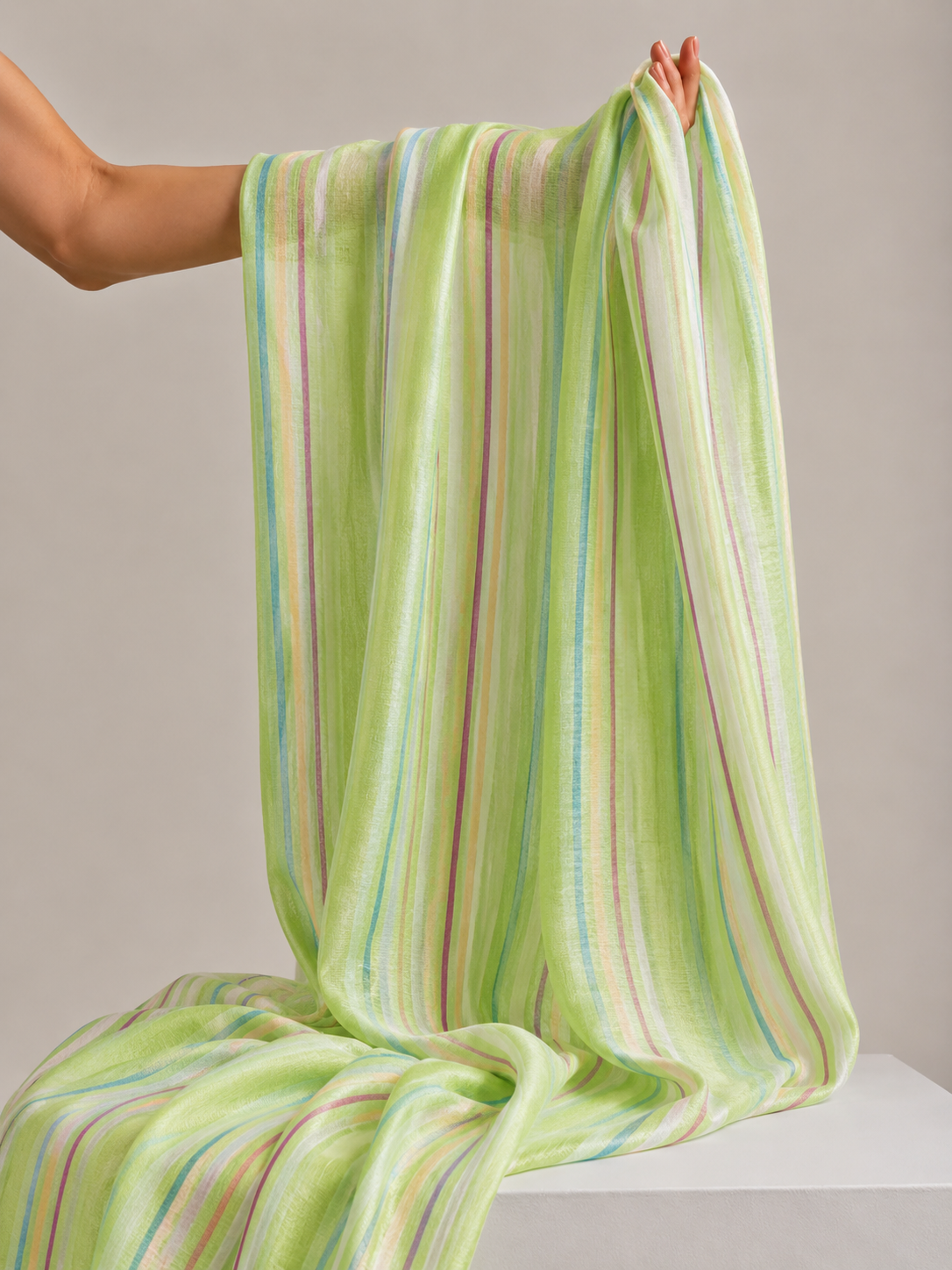 Lime Pastel Stripe Mul Cotton Printed Fabric