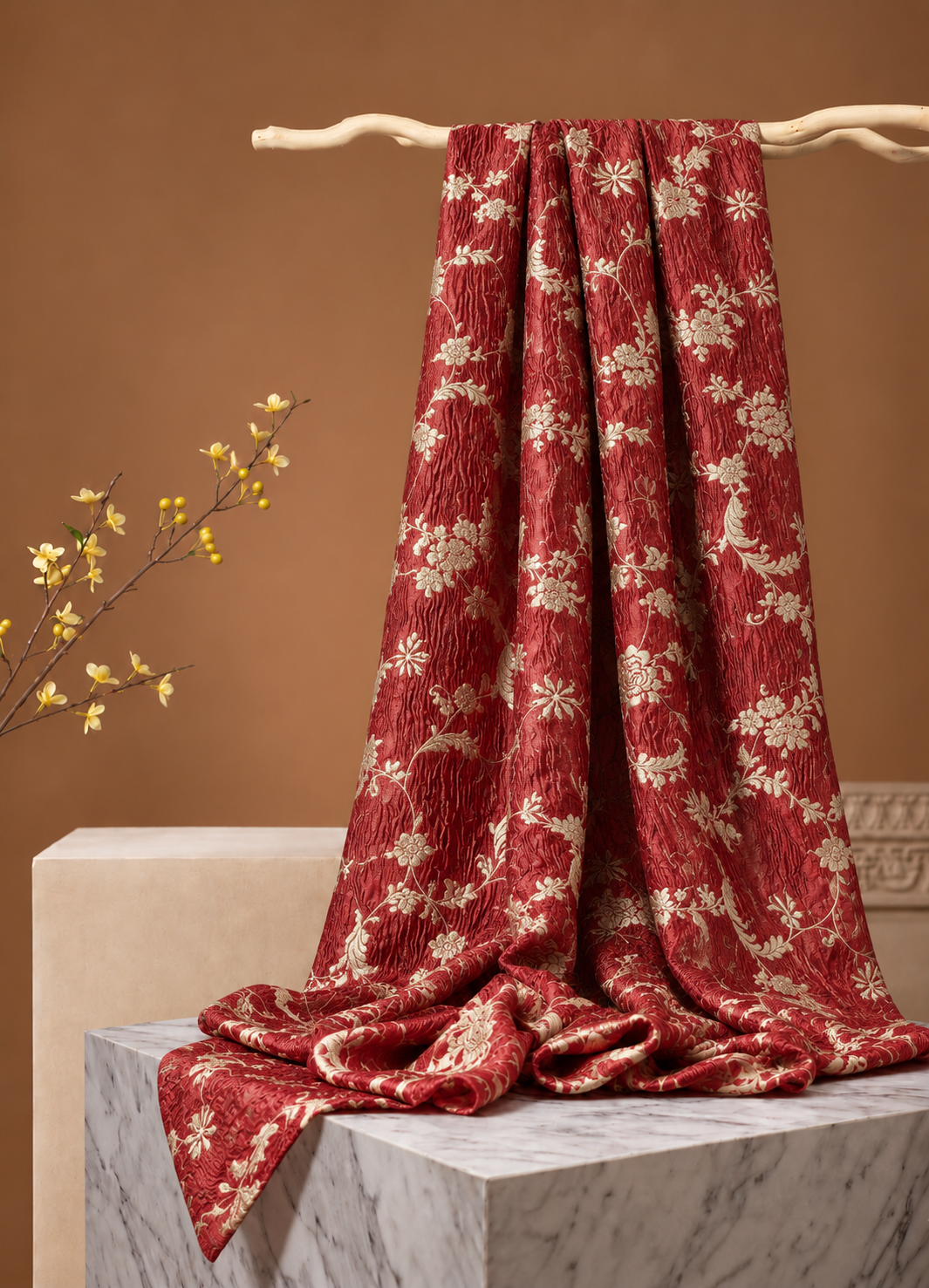 Red Floral Crush Tissue Silk Fabric