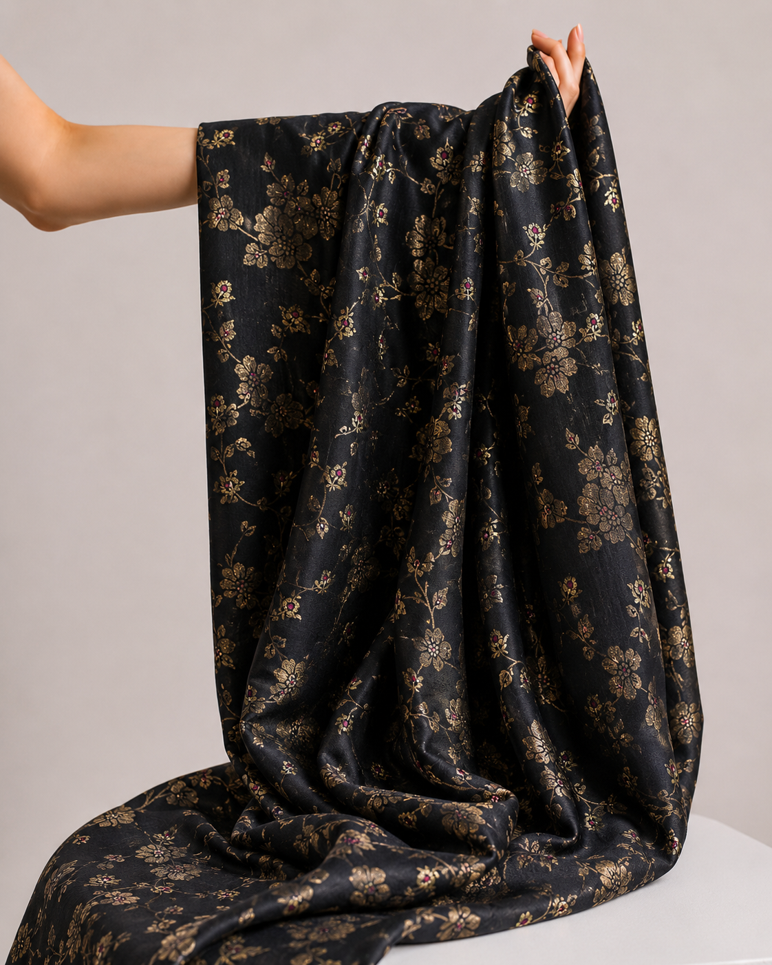Soft Silk Fabric with Floral Vine Jaal & Meenakari Bootis