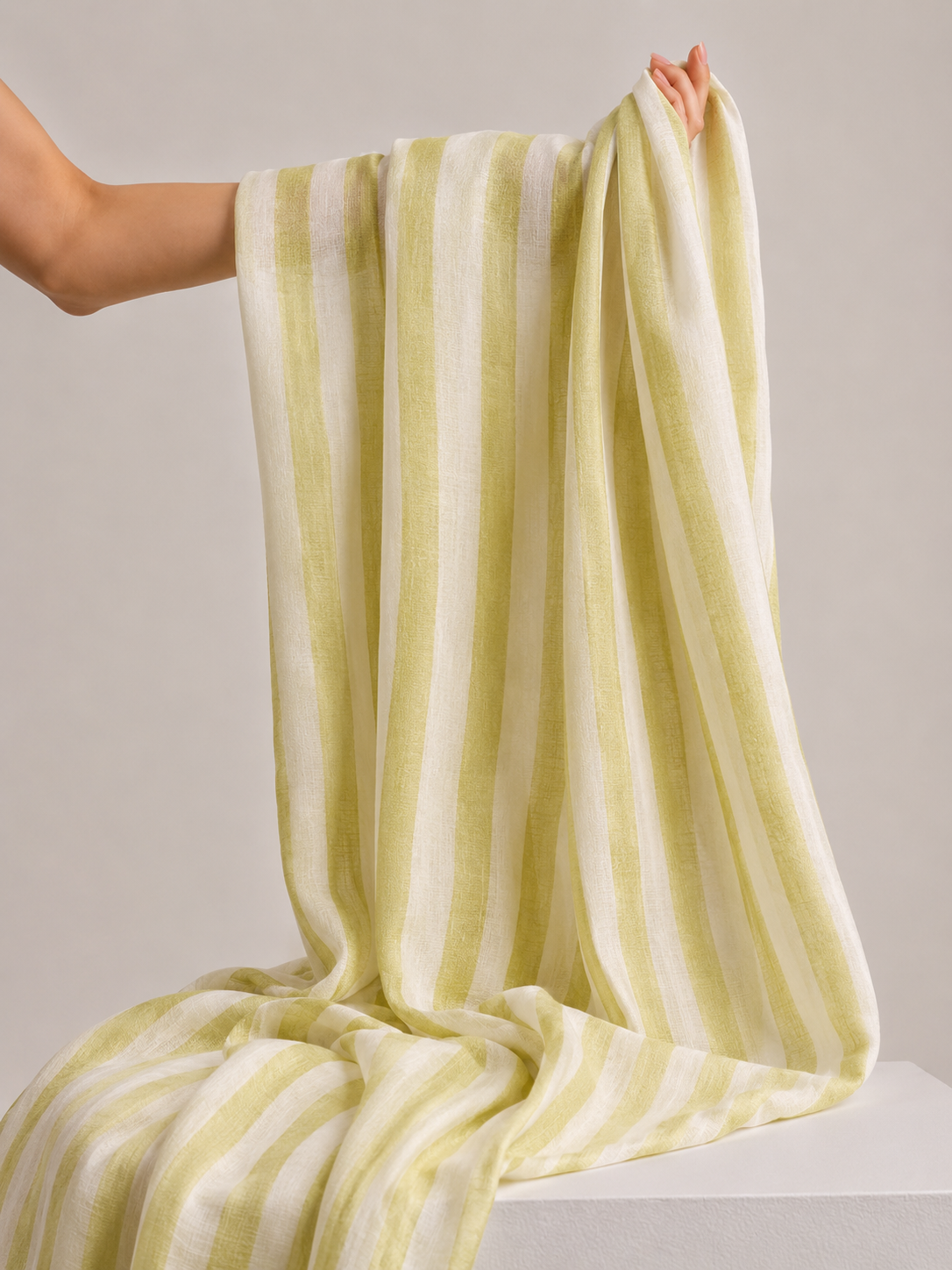 Lime Green & Ivory Striped Mul Prints Fabric