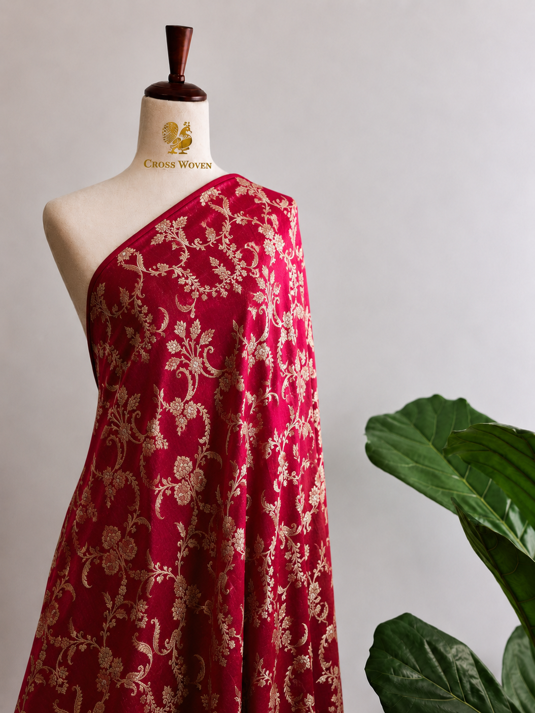 Red Soft Silk Fabric with Meenakari Zari Floral Vine Jaal