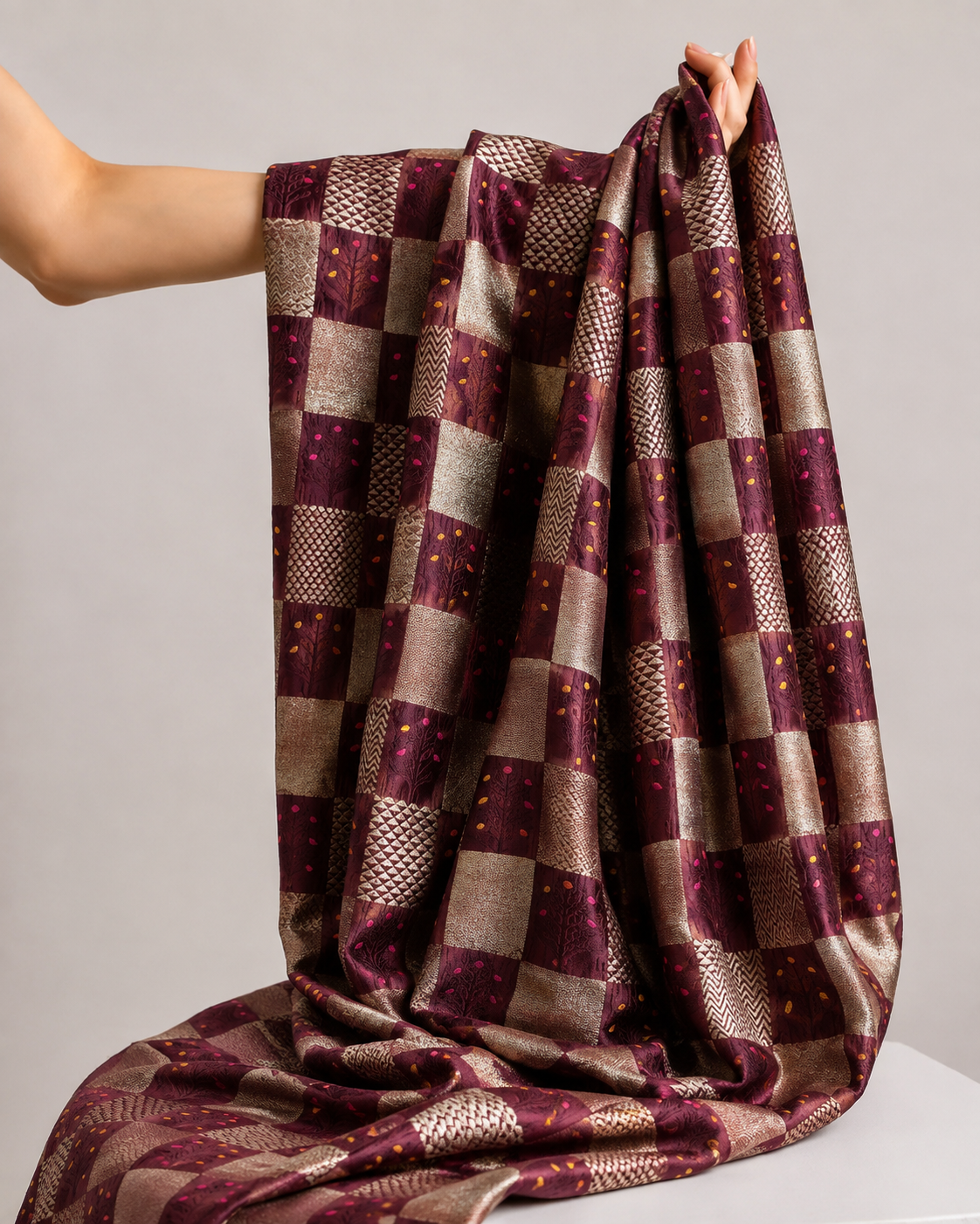 Wine Maroon Soft Silk Fabric with Meenakari Checkered Zari Weave