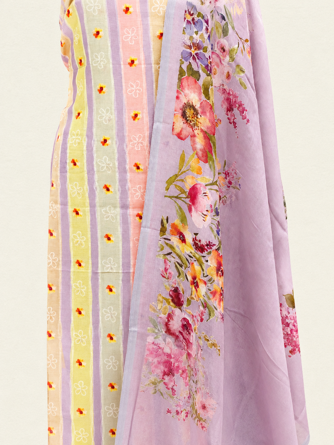Pastel Stripe Pure Linen Suit Set with Floral Print Dupatta