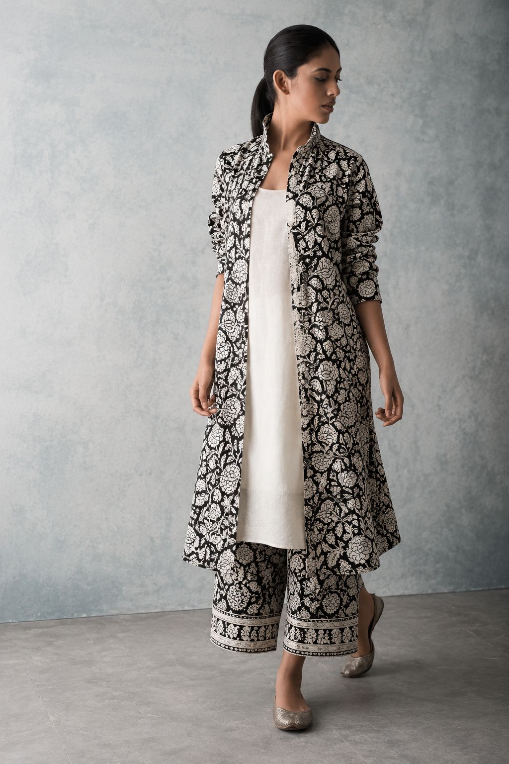 Black Chanderi Silk Fabric With Hand Block Print