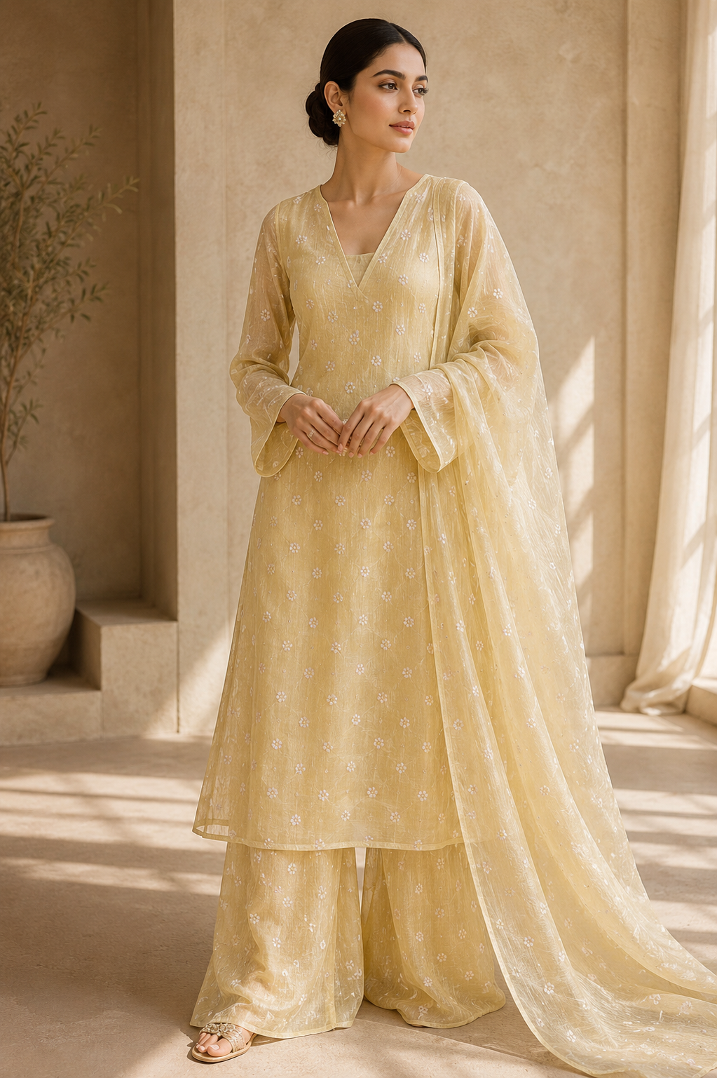 Pastel Yellow Silk Linen Fabric With Flower Embroidery