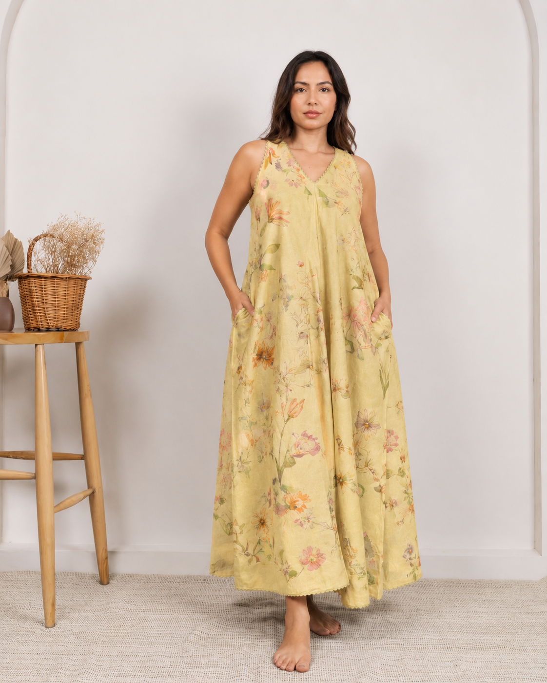 Lime Green Printed Mul Fabric