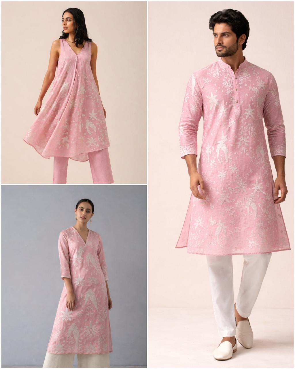 Blush Pink Mul Fabric with Parsi Gara Embroidered Pattern