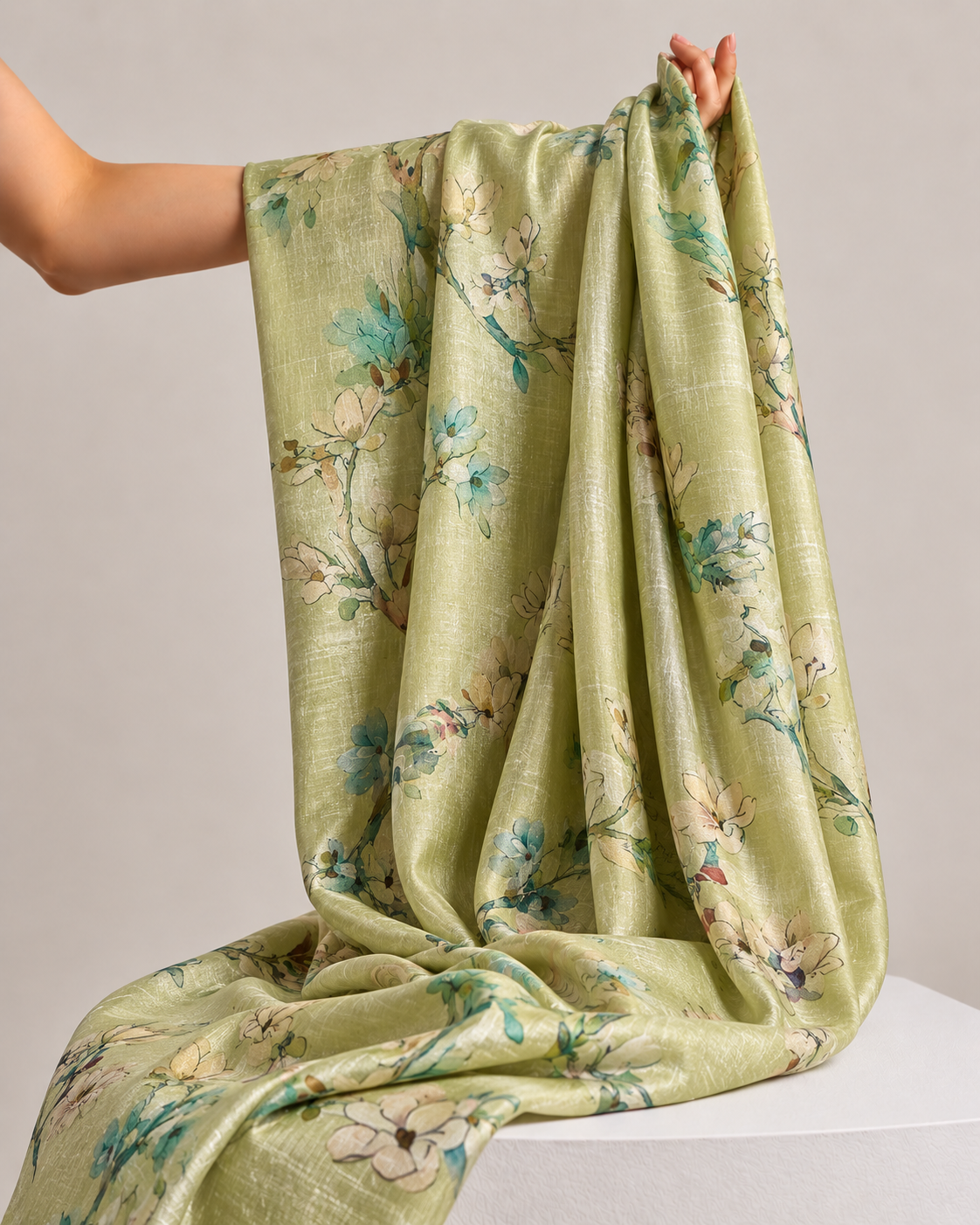 Lime Green Tussar Kalamkari Printed Fabric