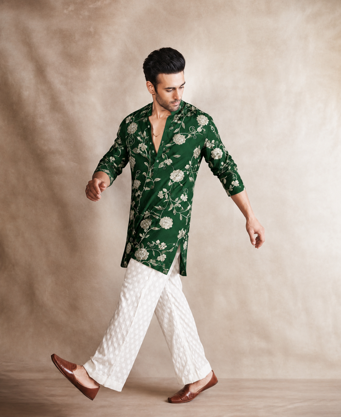 Emerald Green Muslin Fabric With Parsi Embroidery