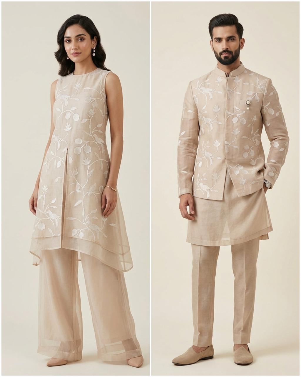 Beige Mul Fabric With Embroidery