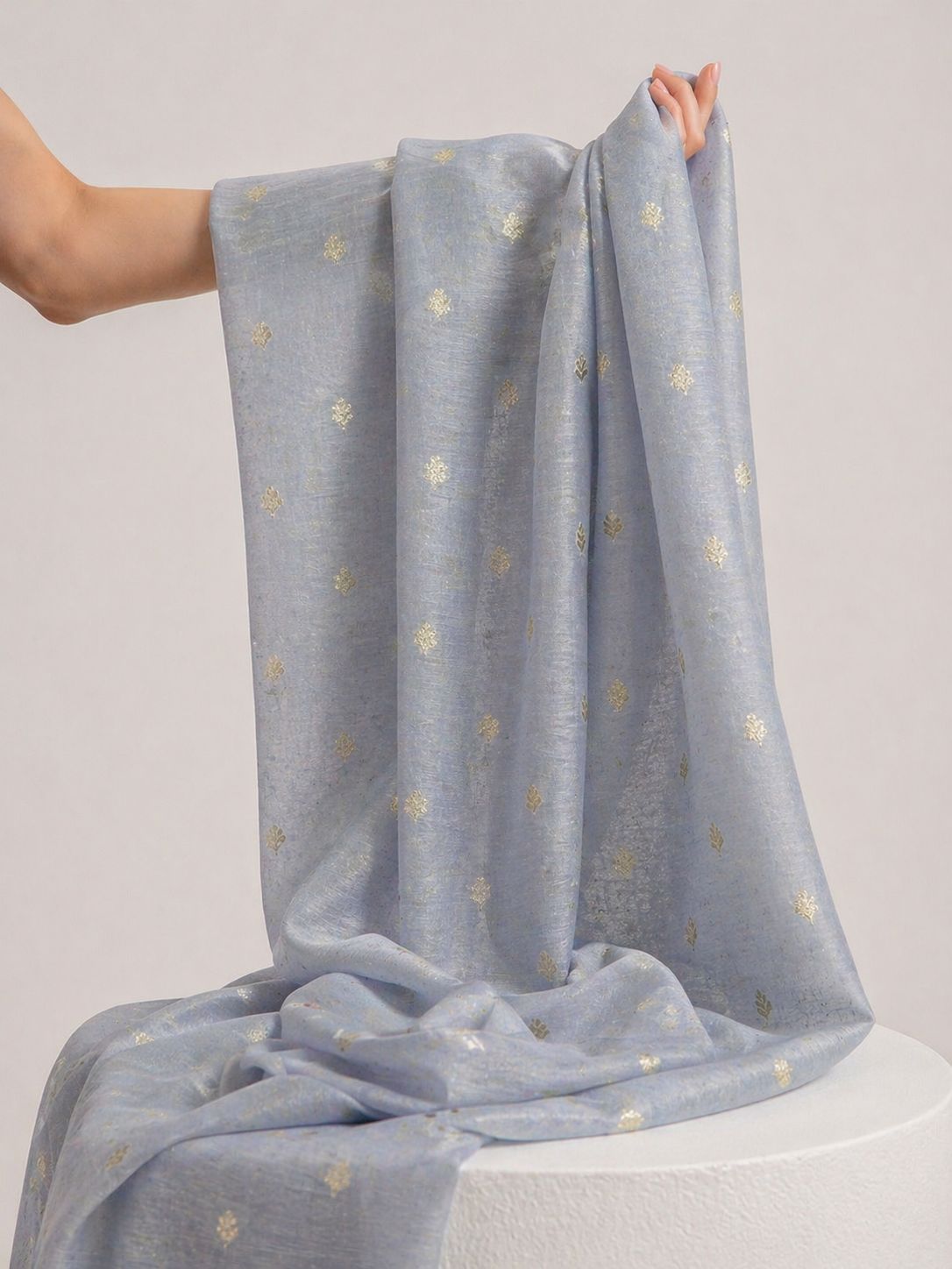 Gray Pure Mul Fabric With Gold Zari
