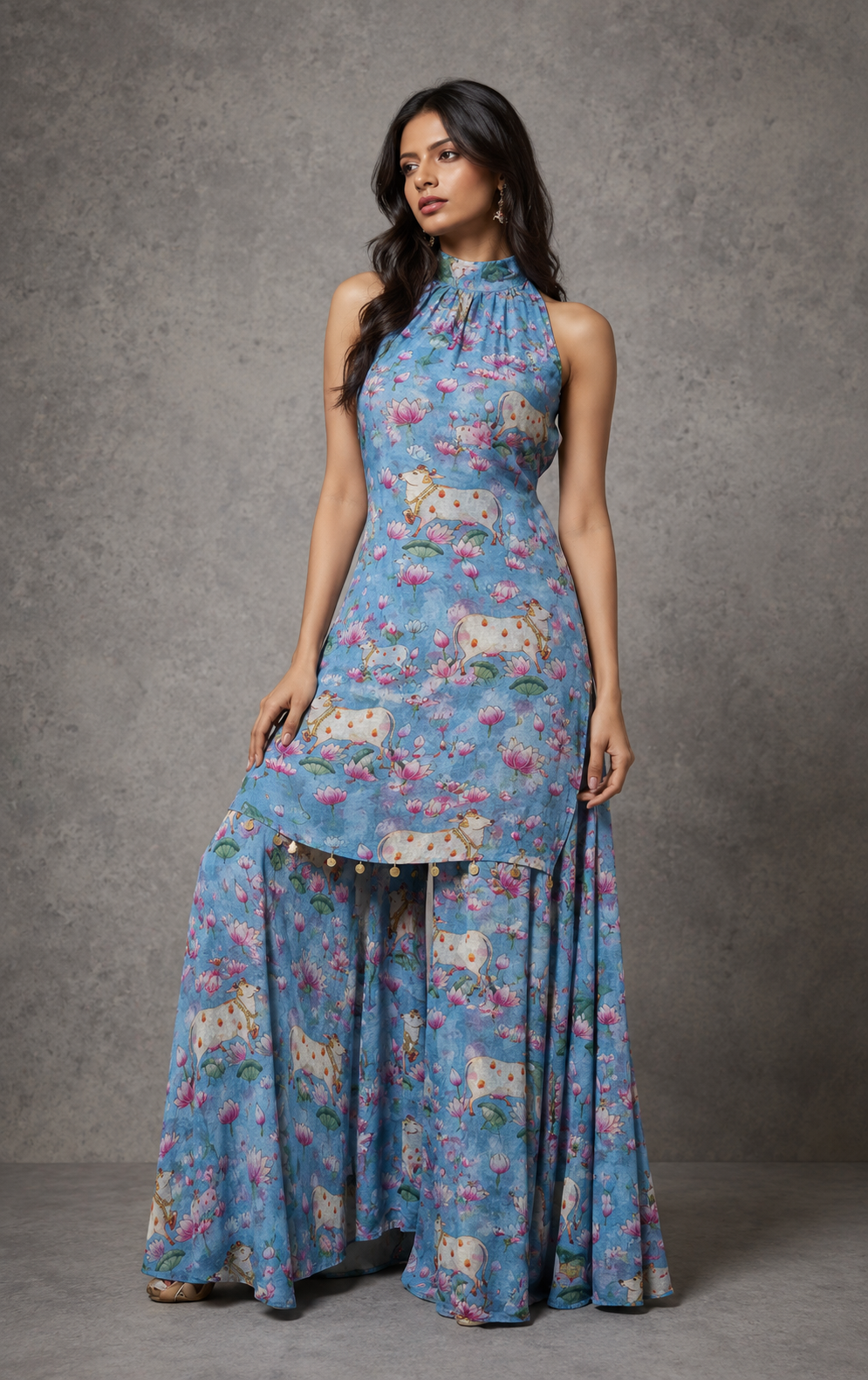 Powder Blue Mul Pichwai Prints Fabric