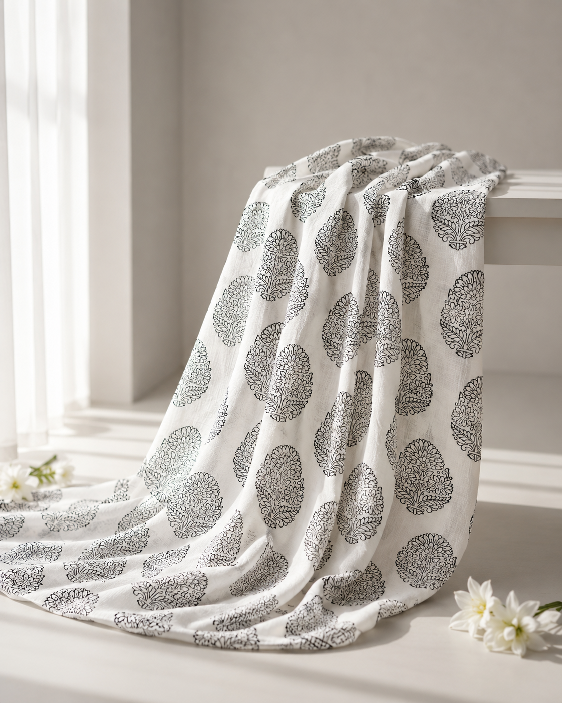 Pure Chanderi Silk Fabric With Black Hand Block Prints