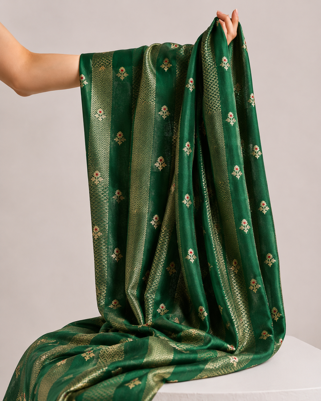 Emerald Green Soft Silk Fabric with Meenakari Bootis