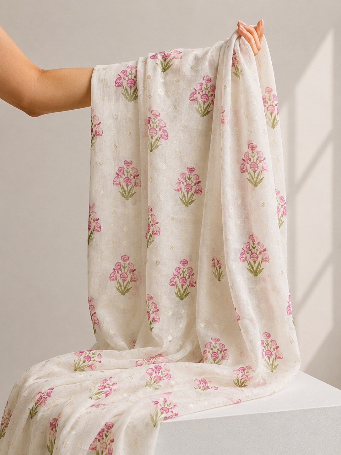 Ivory Pink Floral Mul Weaving Fabric