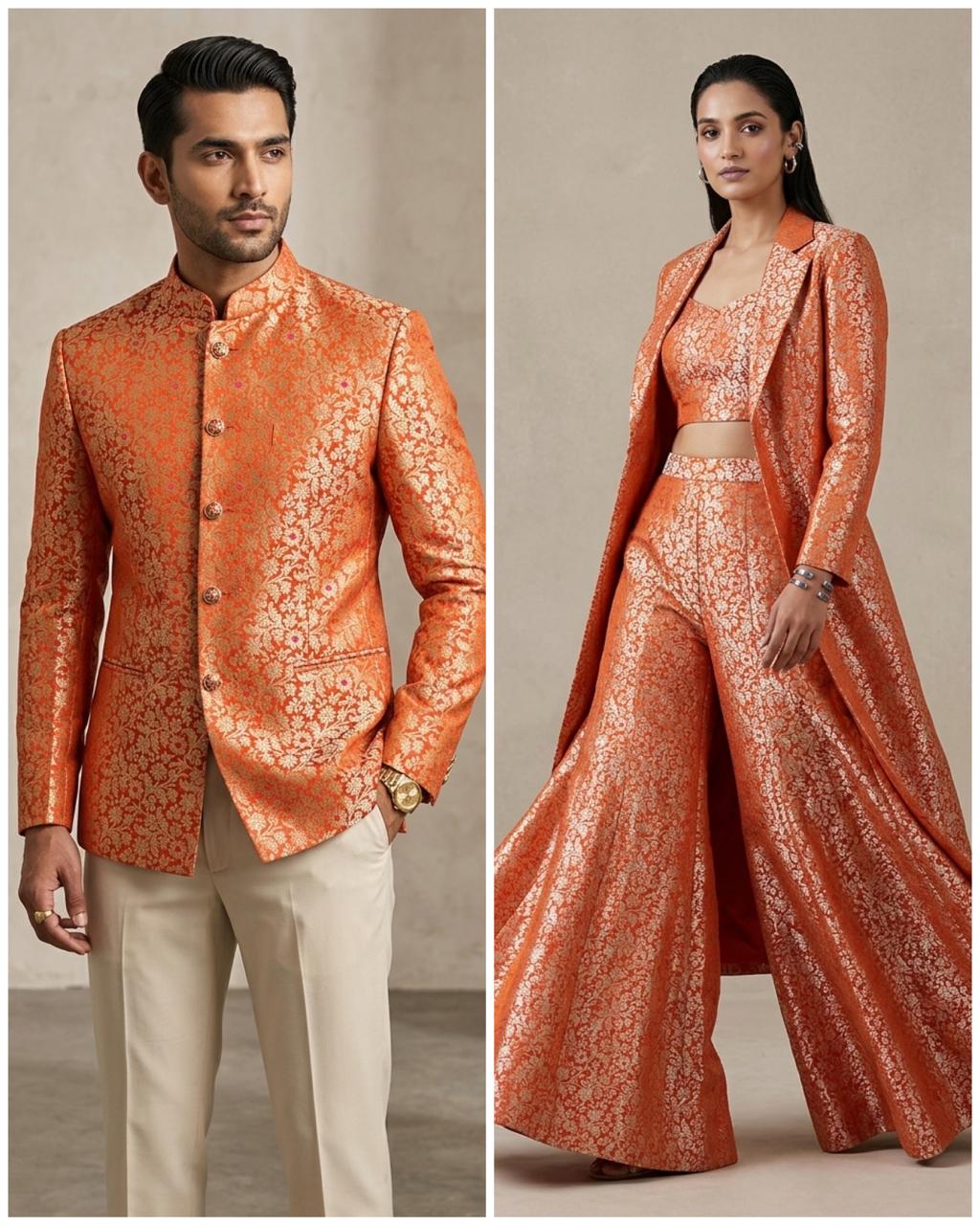 Orange Meenakari Brocade Katan Silk Handloom Fabric