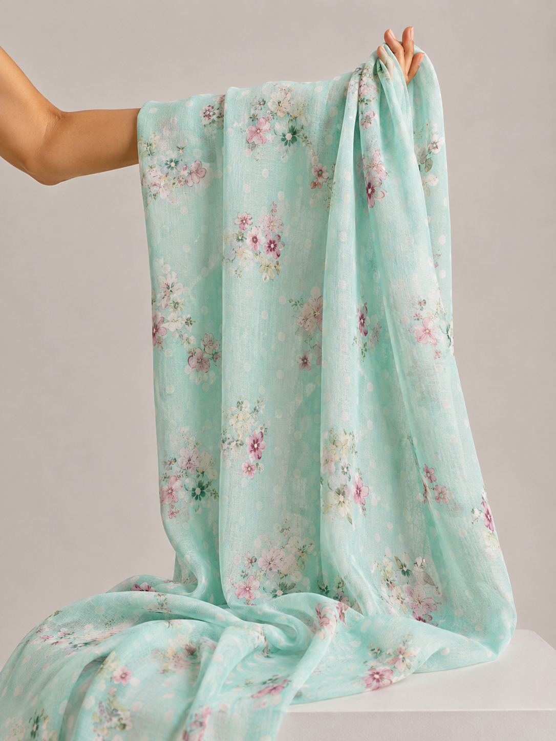 Mint Floral Polka Mul Prints Fabric