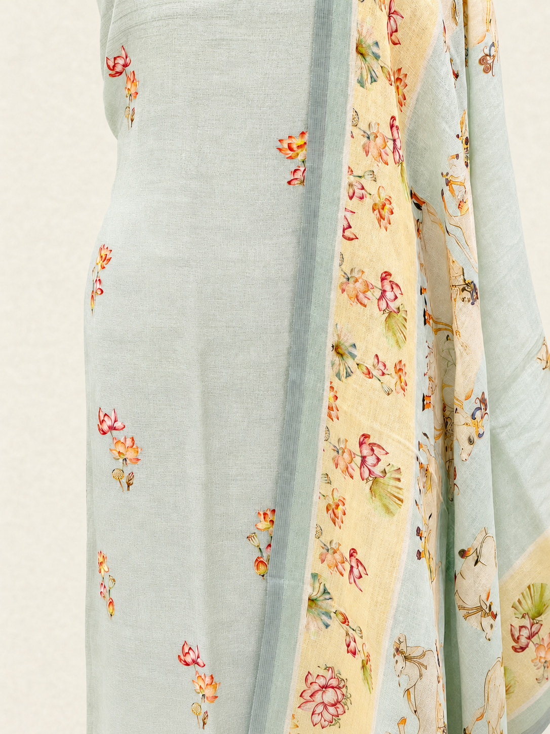 Pastel Aqua Pure Linen Suit Set with Pichwai Cow Motif Dupatta