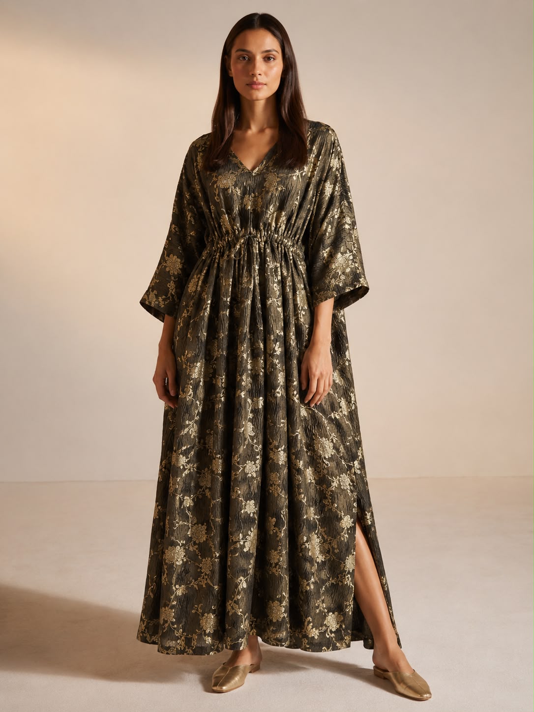 Olive Green Floral Crush Tissue Silk Fabric