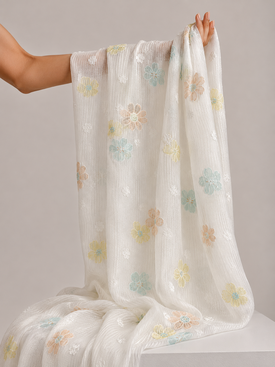 White Mul Fabric with Pastel Floral Embroidery & Woven Self Stripes