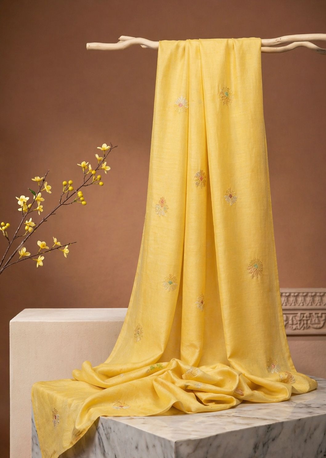 Bright Yellow Premium Cotton Fabric With Floral Motif