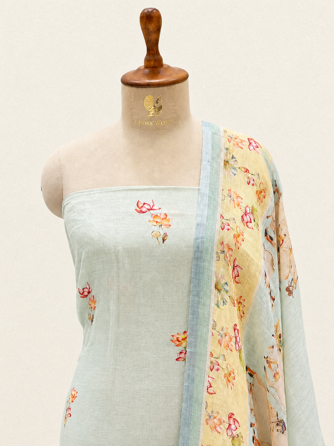 Pastel Aqua Pure Linen Suit Set with Pichwai Cow Motif Dupatta