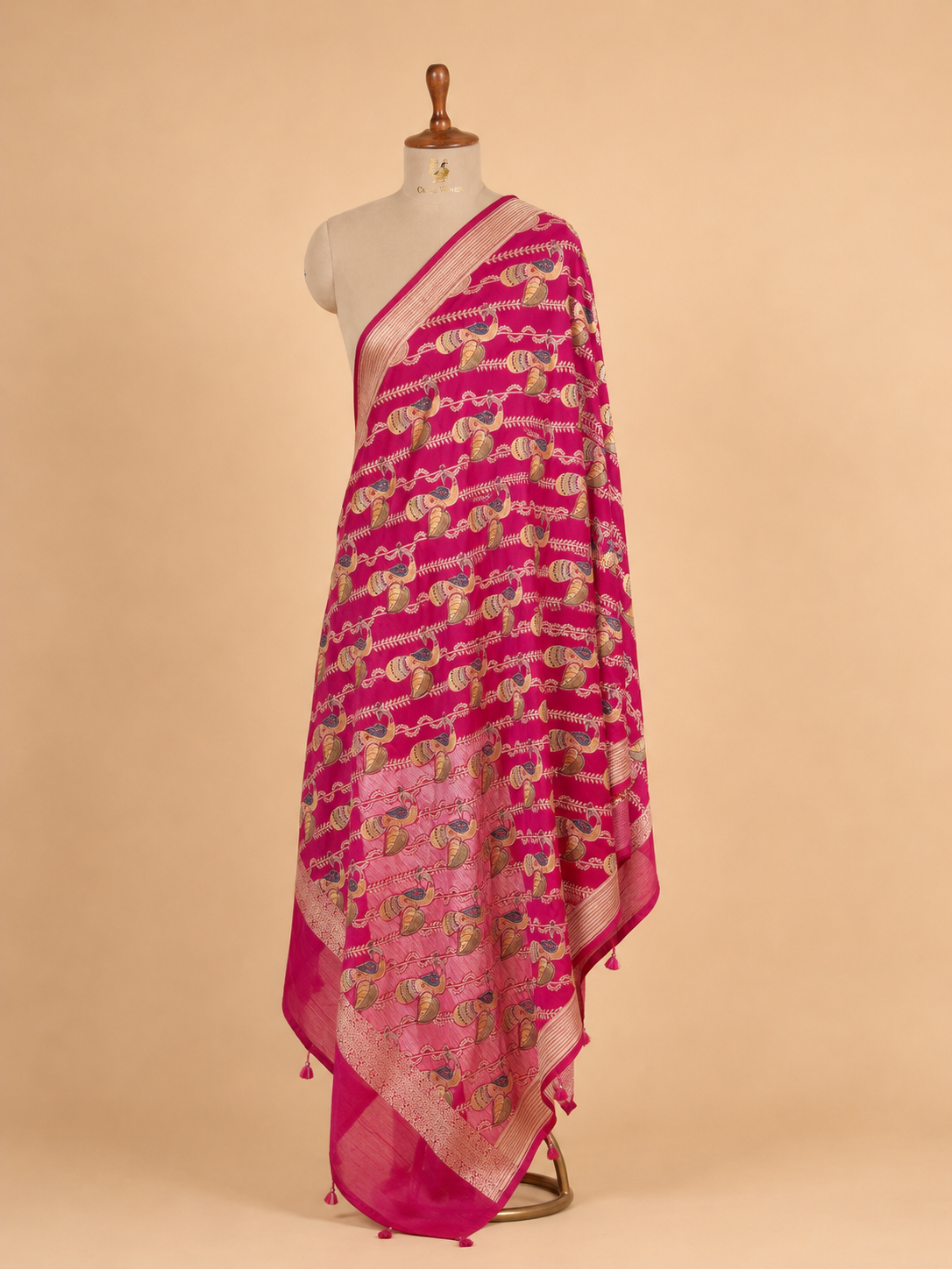 Hand Brush-Dyed Moonga Silk Dupatta with Stylised Peacock Motifs