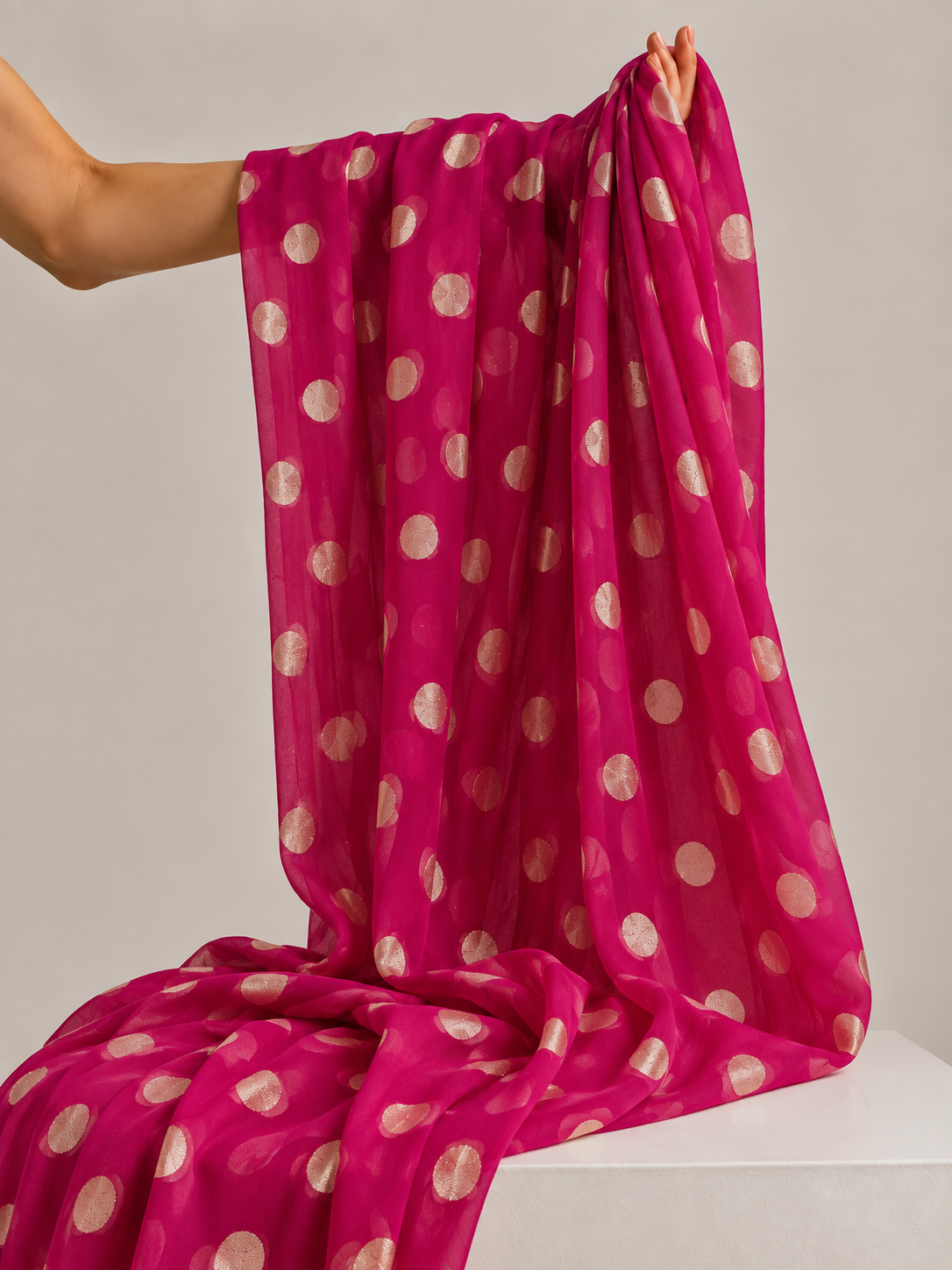 Rani Pink Pure Georgette Fabric with Polka Dots