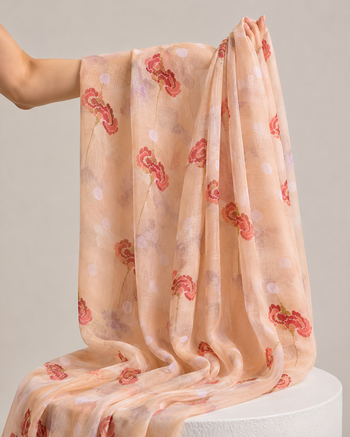 Peach Mul Floral Prints Fabric