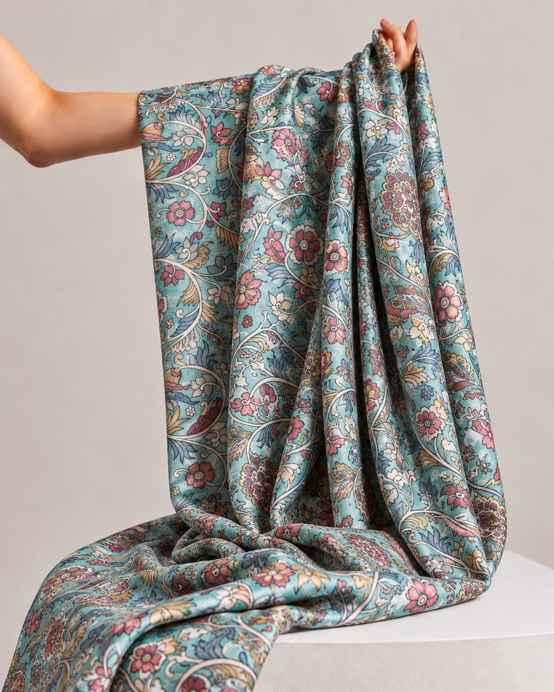 Aqua Blue Tussar Kalamkari Printed Fabric