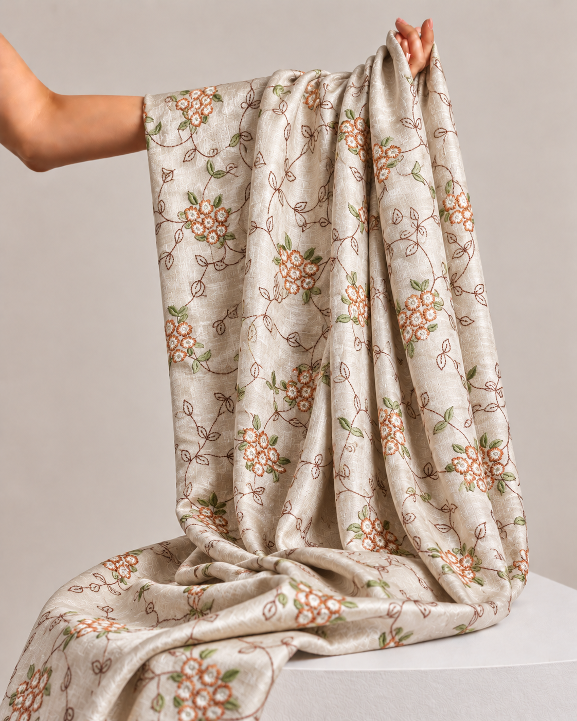 Ivory-Beige Pure Tussar Natural Floral Embroidered Fabric