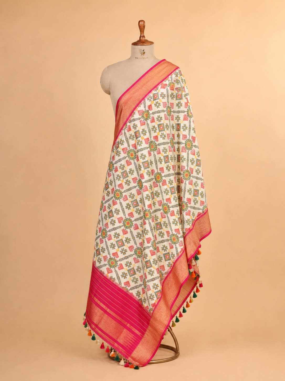 )ff- White Banarasi Katan Silk Ikkat Dupatta