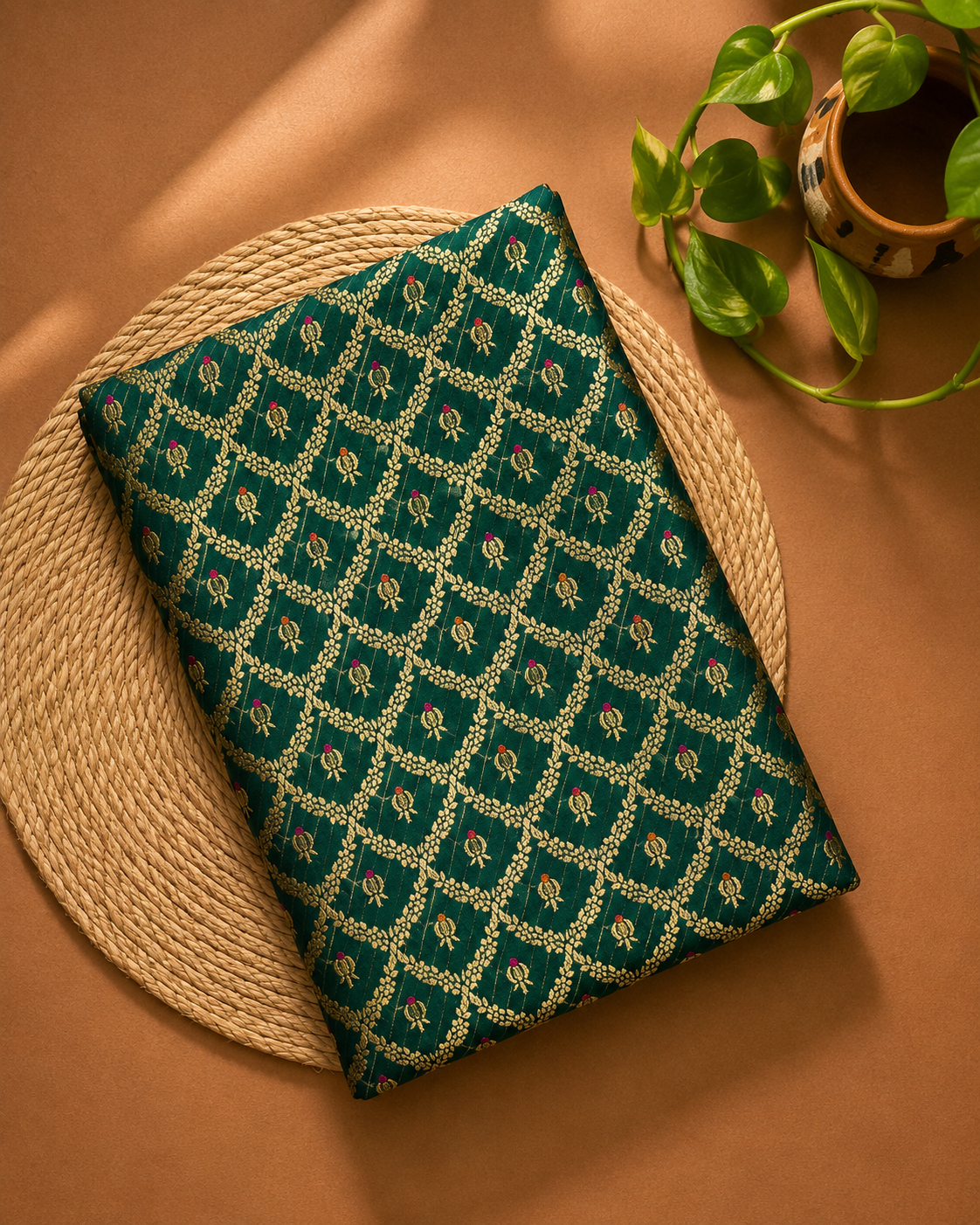 Deep Green Meenakari Brocade Katan Silk Handloom Fabric