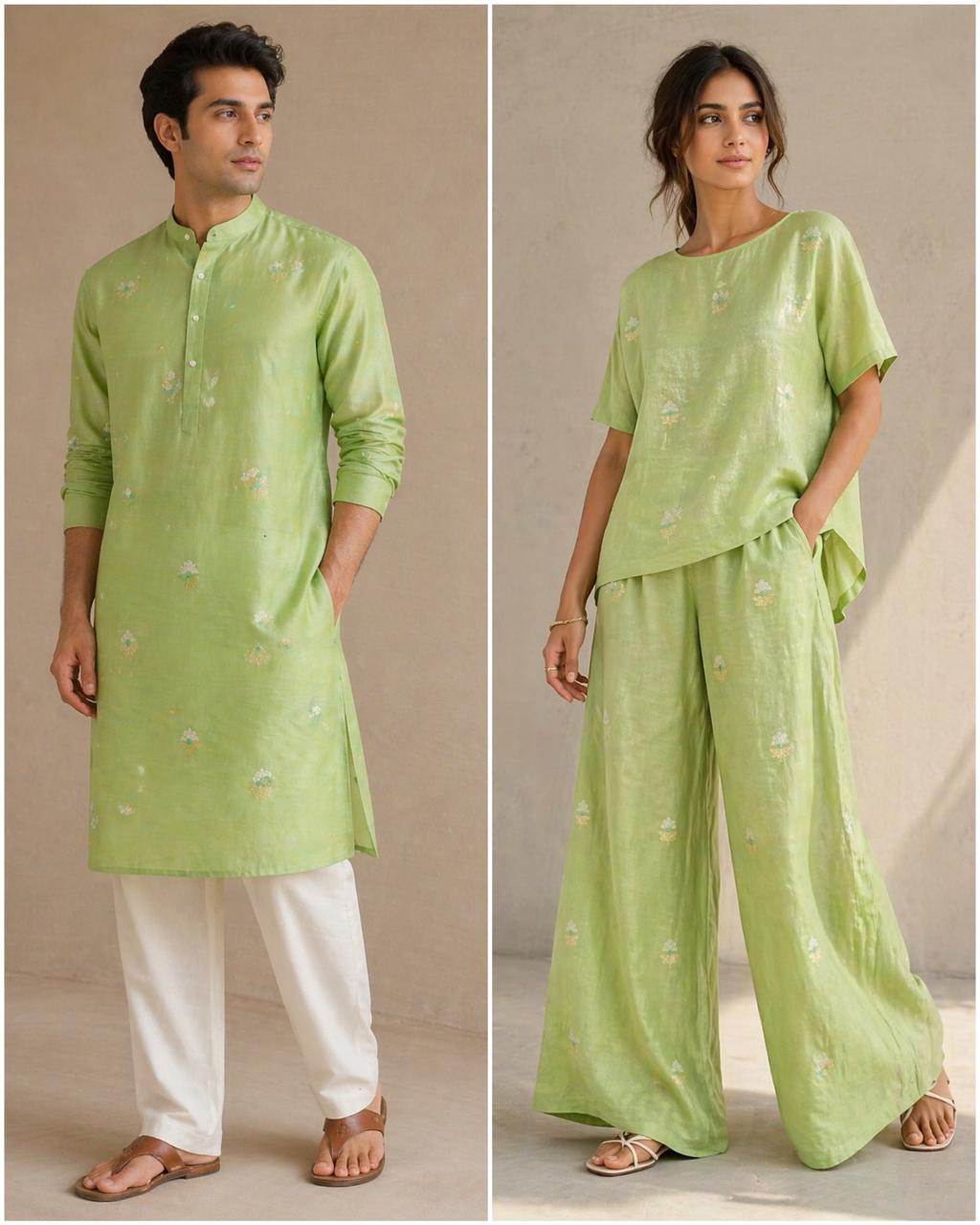 Leaf Green Premium Cotton Fabric With Floral Motif