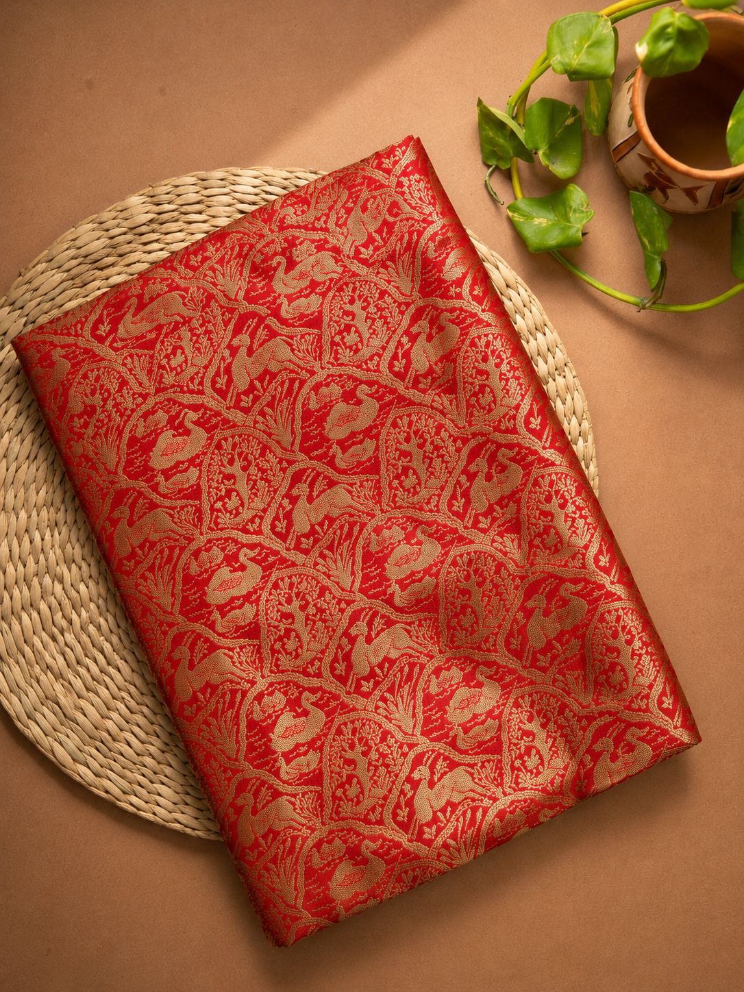 Crimson Red Brocade Katan Silk Handloom Fabric