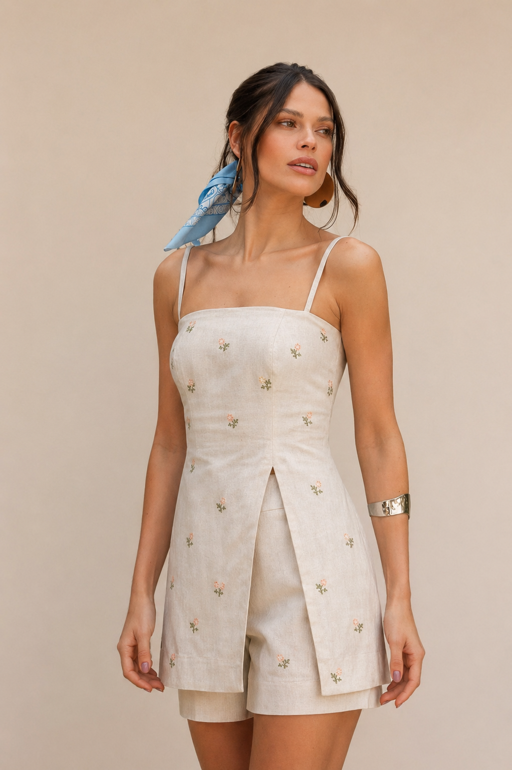 White Linen Fabric With Flower Embroidery