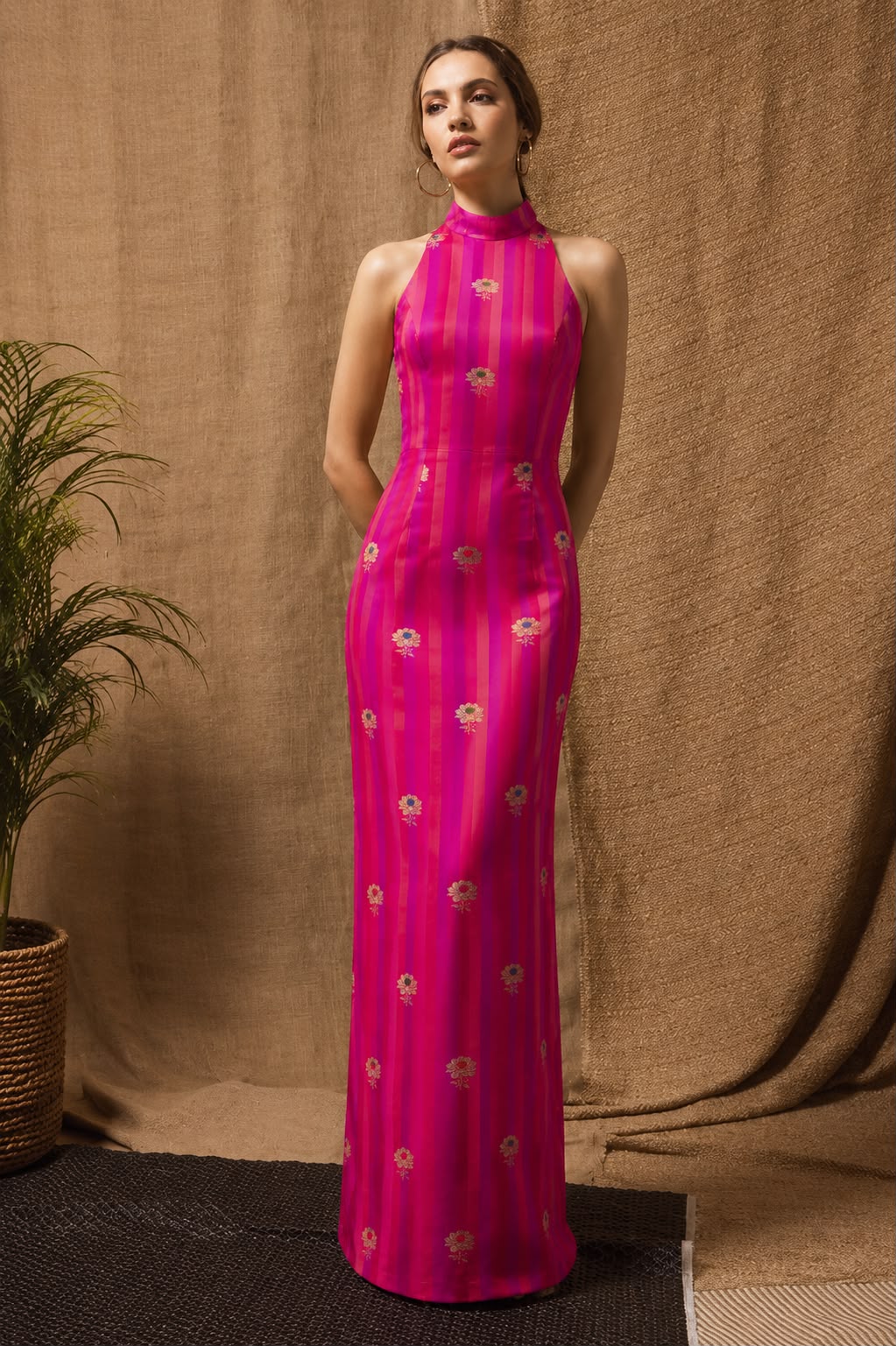Rani Pink Pure Katan Silk Fabric Rangkaat Stripes With Kadhwa Floral Boota