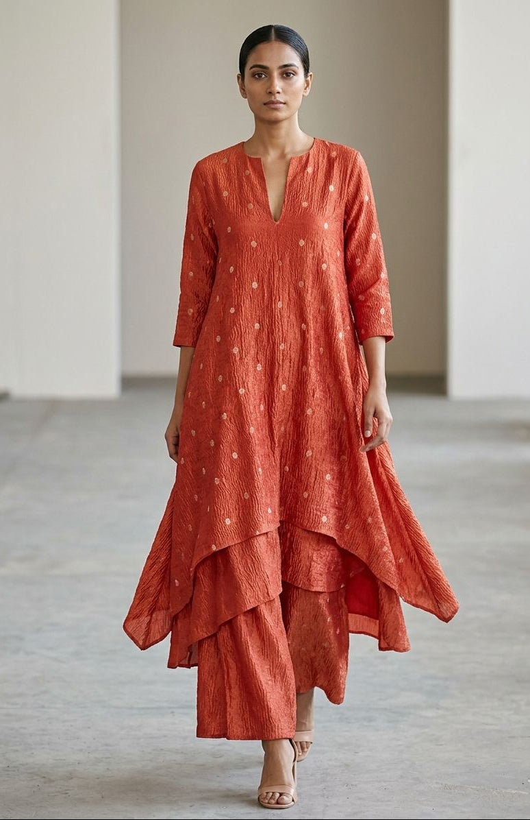 Rust Red Crushed Tissue Fabric with Gold Zari Floral Motifs