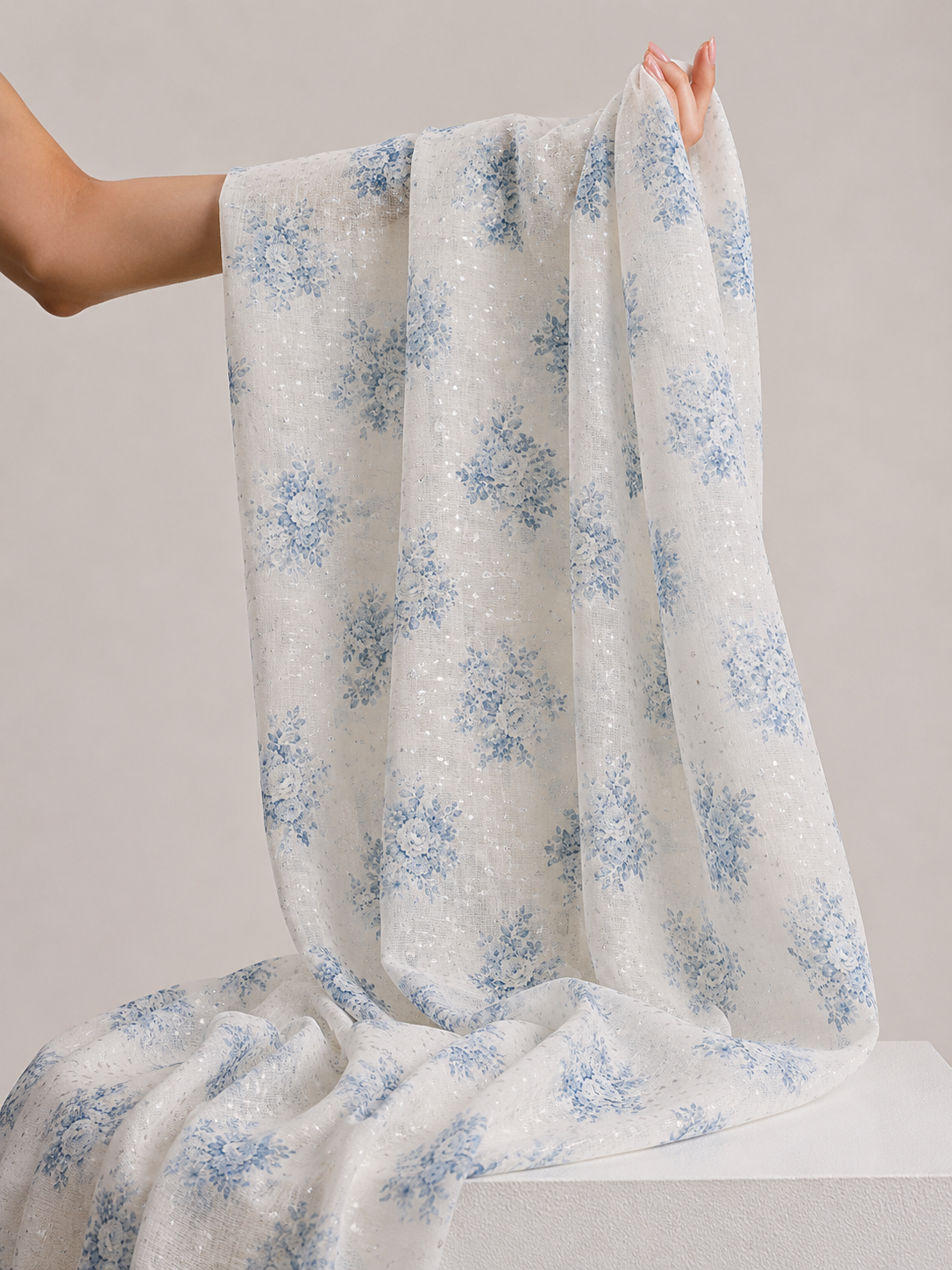 Ivory & Powder Blue Floral Mul Weaving Fabric
