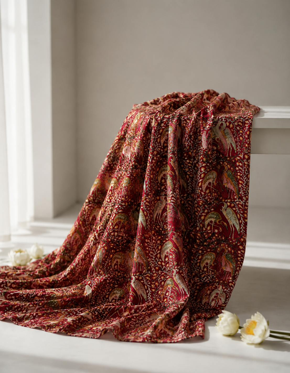 Pure Chanderi Silk Fabric With Red Hand Block Prints